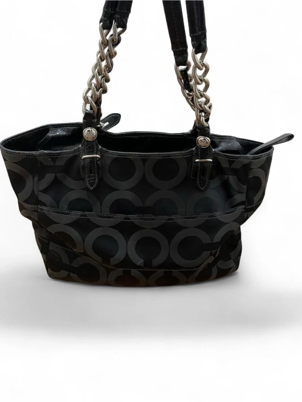 Coach Black and Dark Gray Signature Shoulder Tote with Chain Straps